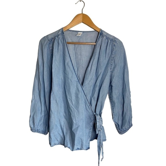& Denim for H&M Chambray Lyocell Wrapover Blouse Lightweight Denim Size 2 - Picture 2 of 11